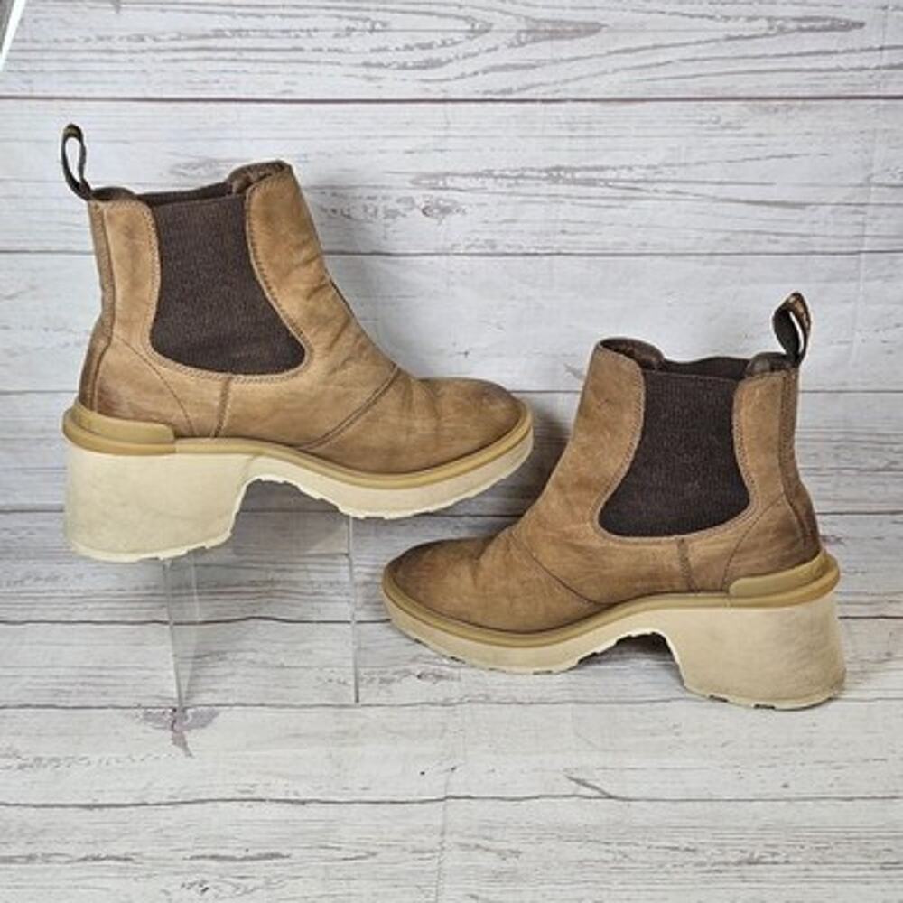 SOREL Hi-line Chelsea Boots Women's Tan Leather US 9 Platform Block Heel Ankle - Picture 2 of 7